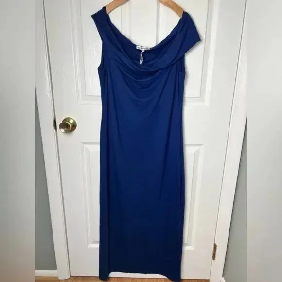 Reformation Blue Off The Shoulder Stretch Jamen Knit Midi Dress M Danube - Picture 2 of 7